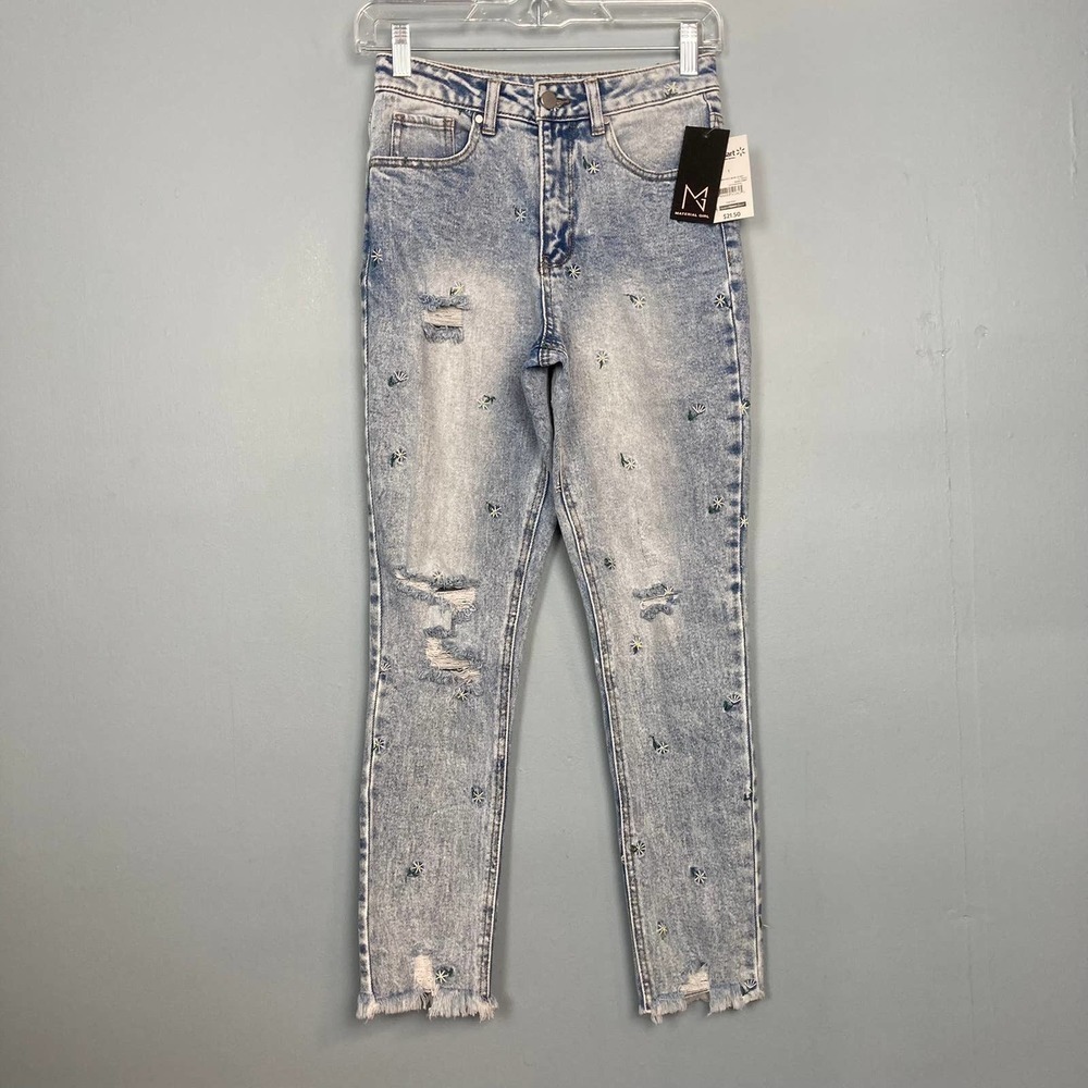 𝅺material Girl Juniors' Size 1 Daisy Embroidered High Rise Mom Jeans Distressed